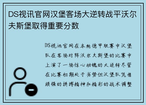 DS视讯官网汉堡客场大逆转战平沃尔夫斯堡取得重要分数